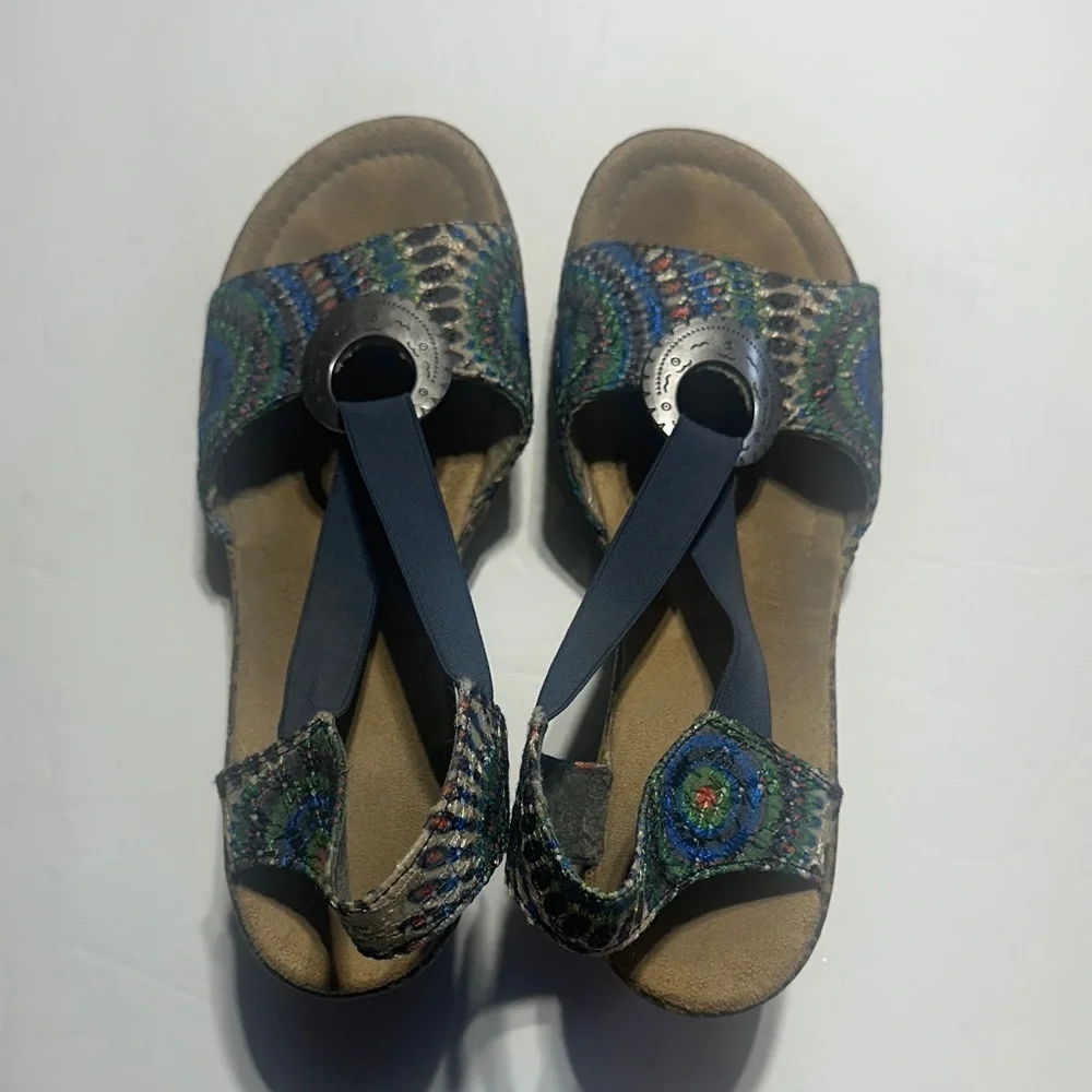 Rieker Roberta Peacock Colorful heeled wedge Sandals metallic ring elastic strap